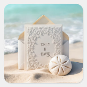 Hochzeitspapeterie mit Sand-Dollar Quadratischer Aufkleber
