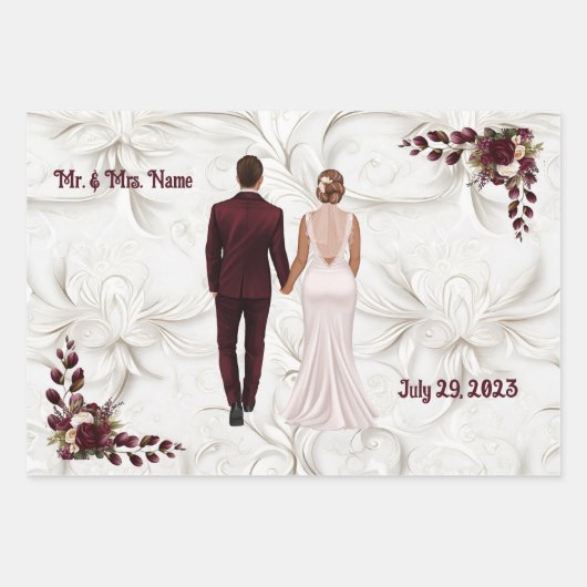Hochzeitspapier aus Burgund und Weiß Geschenkpapier Set (Vorderseite)