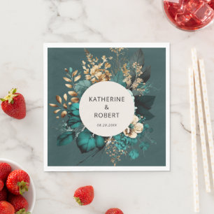 Hochzeitspapier für aquamarine und goldene Blumen Serviette
