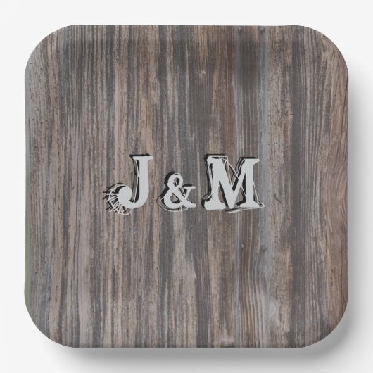 Hochzeitspapier-Teller im HolzLook in der Mitte Pappteller (Vorderseite)