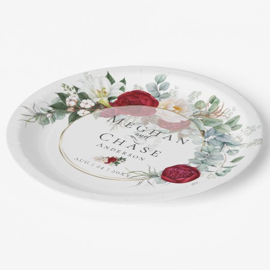 Hochzeitspapierplatte | Lebhafte Red Peony Bouquet Pappteller (Schrägansicht)