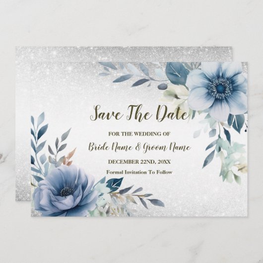 Hochzeitsparty Dusty Blue Watercolor Blume Silber Save The Date (Vorne/Hinten)