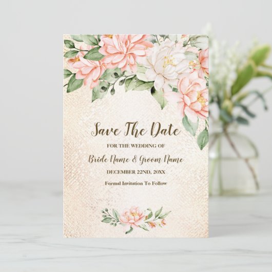 Hochzeitsparty Wasserfarbe Peach Weiße Blume Geret Save The Date (Stehend Vorderseite)