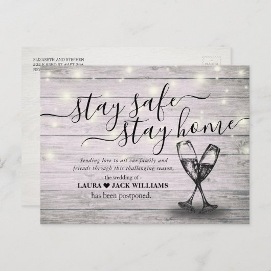 Hochzeitspause Bleibe Zuhause Bleibe Safe Champagn Ankündigungspostkarte (Vorne/Hinten)