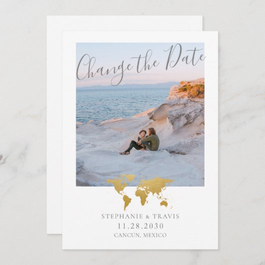 Hochzeitspause Gold World Map Foto Ankündigung (Vorne/Hinten)