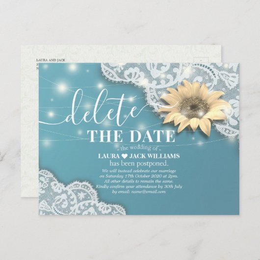 Hochzeitspause Löschen Sie das Datum Sonnenblumen Ankündigungspostkarte (Vorne/Hinten)