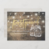 Hochzeitspause Mason Jars String Lights Wood Ankündigungspostkarte (Vorne/Hinten)