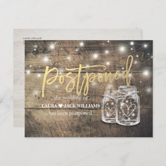 Hochzeitspause Mason Jars String Lights Wood Ankündigungspostkarte (Vorne/Hinten)