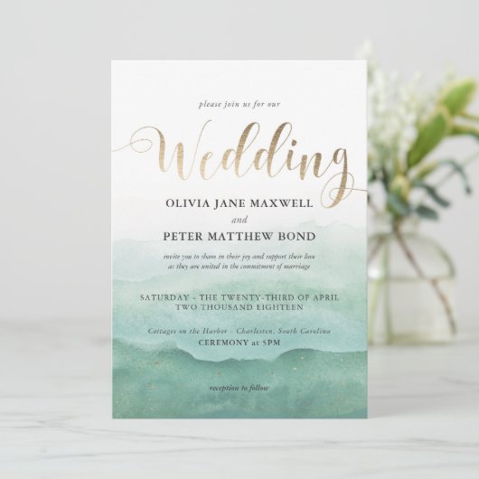 Hochzeitspazierweg - Wasserfarbengewässer Einladung (Stehend Vorderseite)