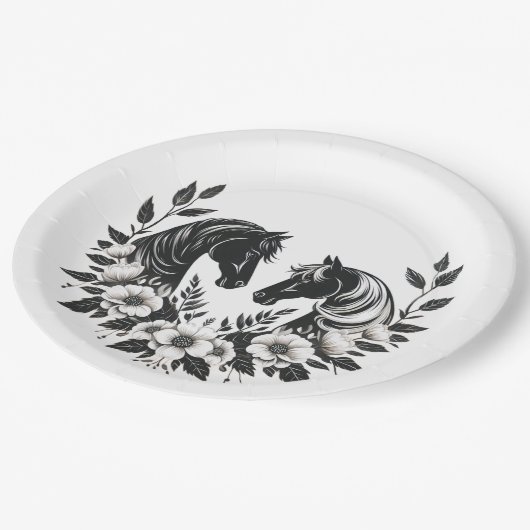 Hochzeitspferde mit Blume Pappteller (Schrägansicht)
