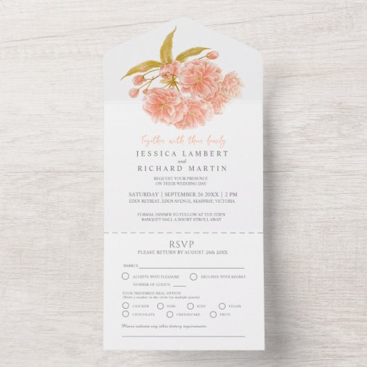 Hochzeitspfirsichblüte Aquarellmahlzeit UAWG All In One Einladung (Innen Boden)