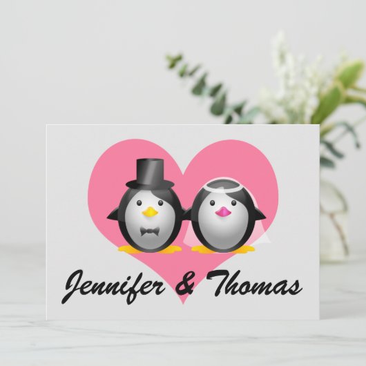 Hochzeitspinguine, Jennifer & Thomas Einladung (Stehend Vorderseite)