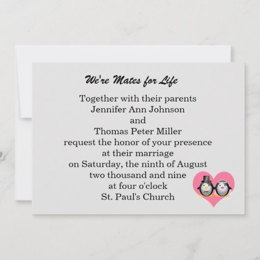 Hochzeitspinguine, Jennifer & Thomas Einladung (Rückseite)