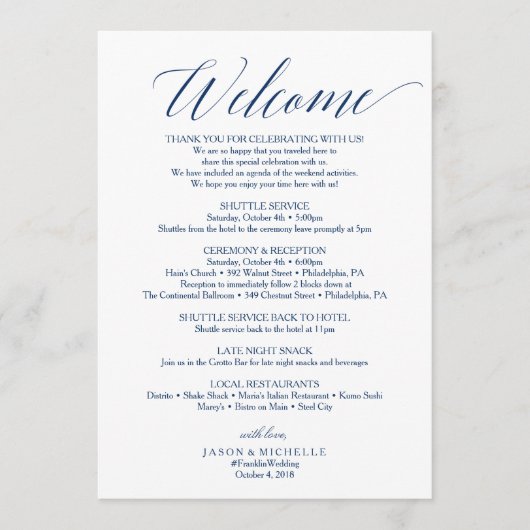 Hochzeitsplan mit Navy-Schrift Willkommensbrief Programm (Vorderseite)