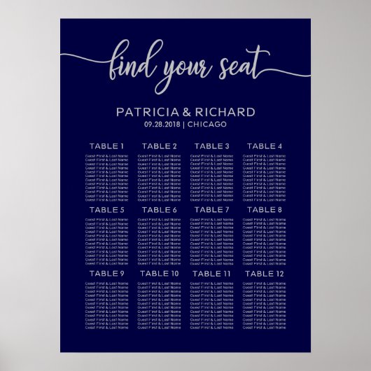 Hochzeitsplanboard Chic Navy Blue Silver Poster (Vorne)