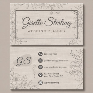 Hochzeitsplaner Beige Leinen Florale Linienkunst Visitenkarte