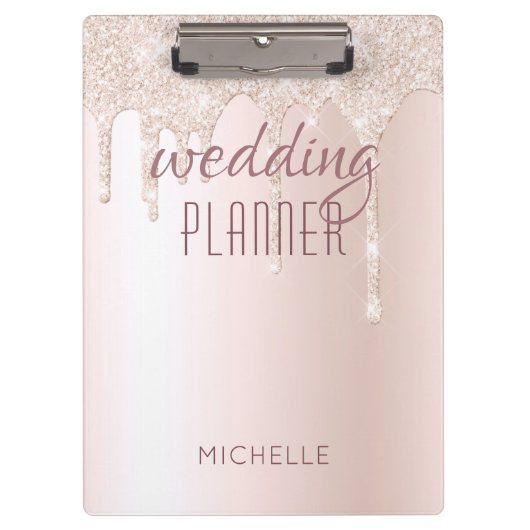 Hochzeitsplaner Chic Girly Pink Glitzer Name Klemmbrett (Vorderseite)
