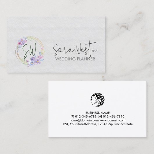 Hochzeitsplaner Floral Monogramm Visitenkarte (Vorne/Hinten)