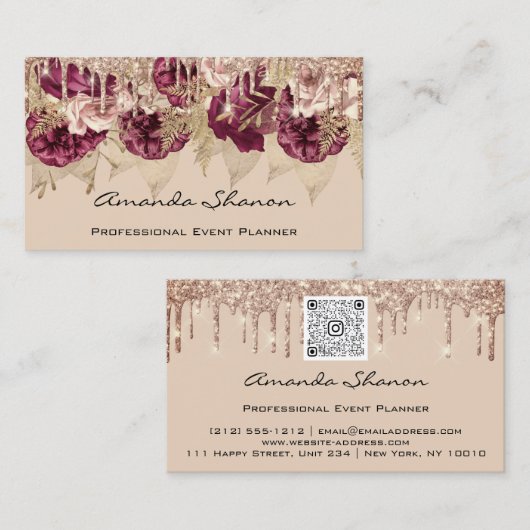 Hochzeitsplaner Florals Tropfen Logo QR-Code Visitenkarte (Vorne/Hinten)