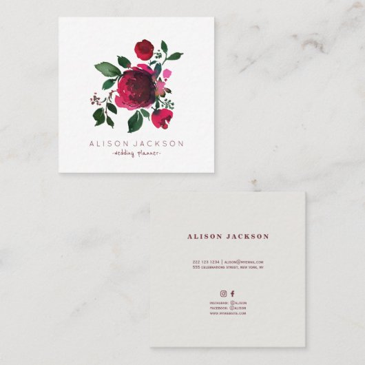 Hochzeitsplaner für Rotburgund-Pfirsiche Quadratische Visitenkarte (Vorne/Hinten)