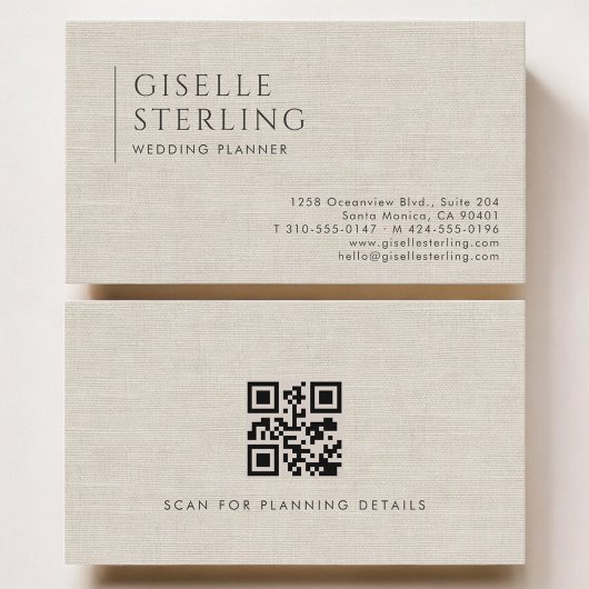 Hochzeitsplaner Luxus-Neutraler Leinen-QR-Code Visitenkarte