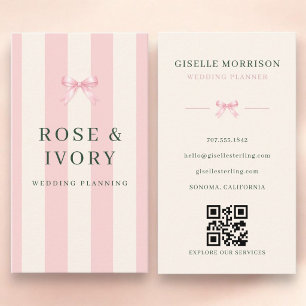 Hochzeitsplaner Pink Grüner Gestreifter Bogen QR-C Visitenkarte