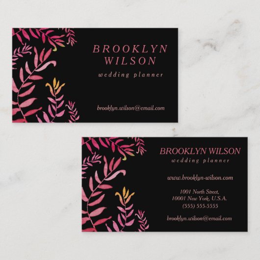 Hochzeitsplaner schwarz mit rosa Blätter Visitenkarte (Vorne/Hinten)