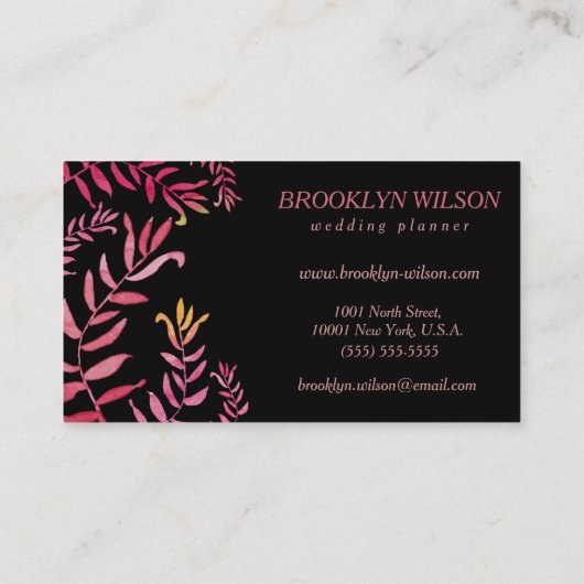 Hochzeitsplaner schwarz mit rosa Blätter Visitenkarte (Rückseite)