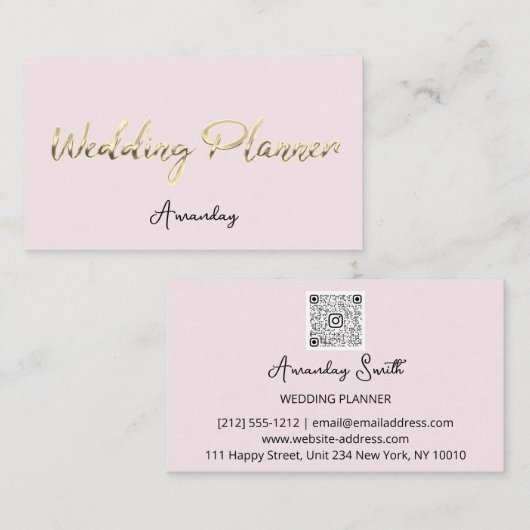 Hochzeitsplaner Script Gold QR Code Logo Rosa Visitenkarte (Vorne/Hinten)