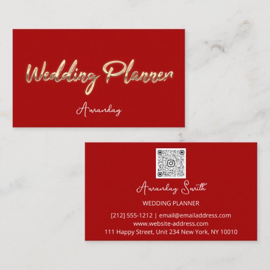 Hochzeitsplaner Script Gold QR Code Logo Rot Visitenkarte (Vorne/Hinten)