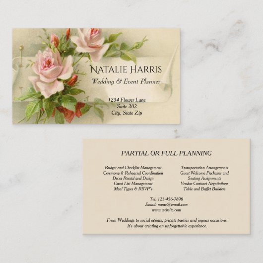 Hochzeitsplaner Vintag Rosa Rosen Elegant Visitenkarte (Vorne/Hinten)