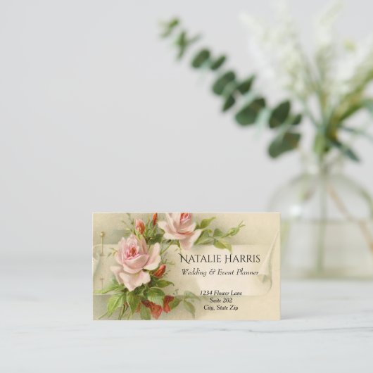 Hochzeitsplaner Vintag Rosa Rosen Elegant Visitenkarte (Stehend Vorderseite)