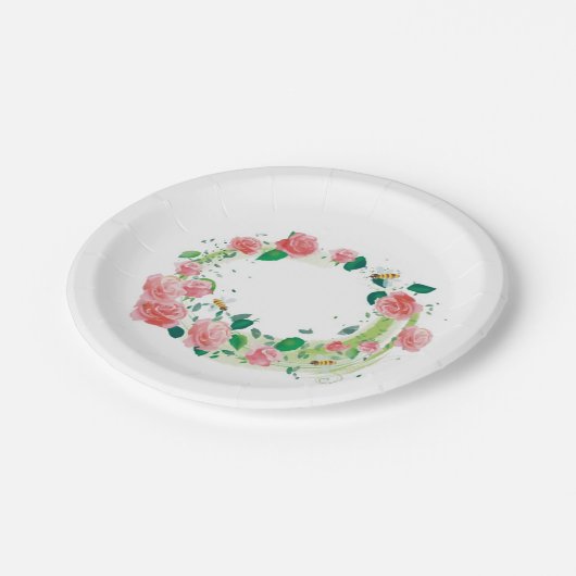 Hochzeitsplatte mit Rose und Bienen Pappteller (Schrägansicht)