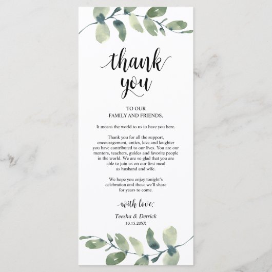 Hochzeitsplatz Eukalyptus Vielen Dank Karte (Vorderseite)