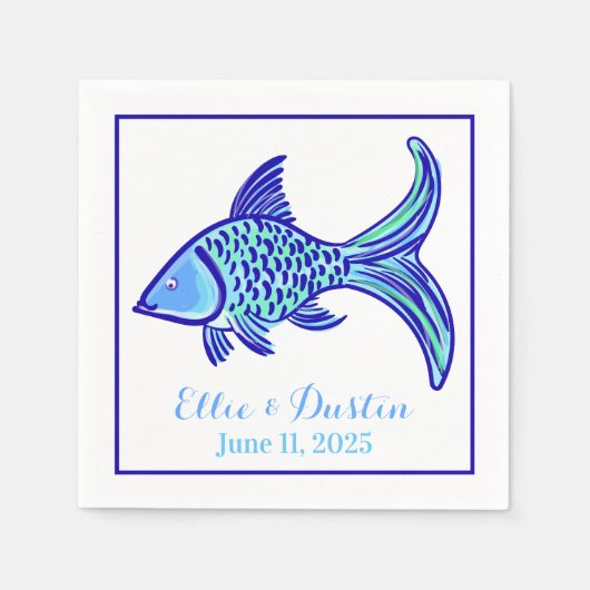 Hochzeitspreppy Blue Fish Personalisiert Serviette (Vorderseite)
