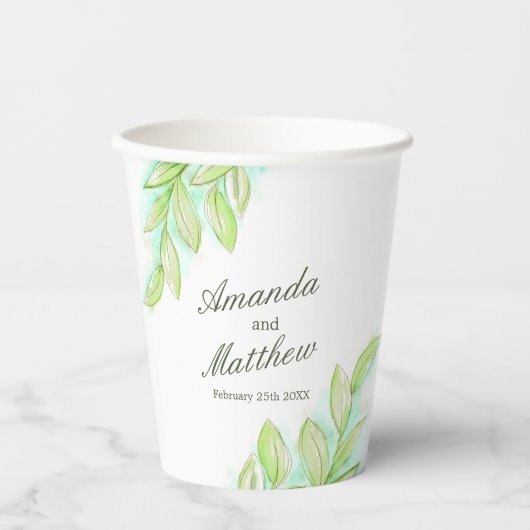 Hochzeitspringgrün Blätter individuelle Name Pappbecher (Vorderseite)