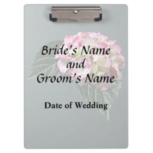 Hochzeitsprodukte aus rosa und weißem Hydrangea Klemmbrett