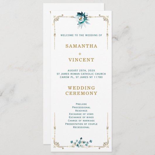 Hochzeitsprogramm Aquamarin und Goldvorlage Einladung (Vorne/Hinten)