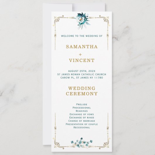 Hochzeitsprogramm Aquamarin und Goldvorlage Einladung (Vorderseite)