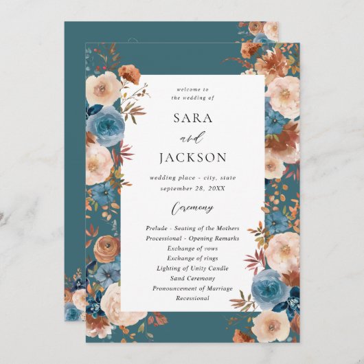 Hochzeitsprogramm "Beige & Dusty Blue Floral" - Aq Einladung (Vorne/Hinten)