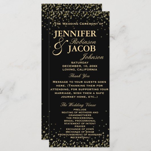 Hochzeitsprogramm | Black and Gold Confetti Programm (Vorne/Hinten)