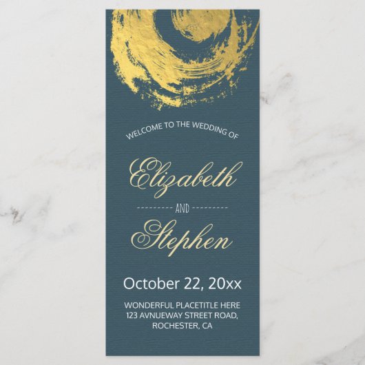 Hochzeitsprogramm Blau Goldfolie Kreis Pinselstric Programm (Vorderseite)