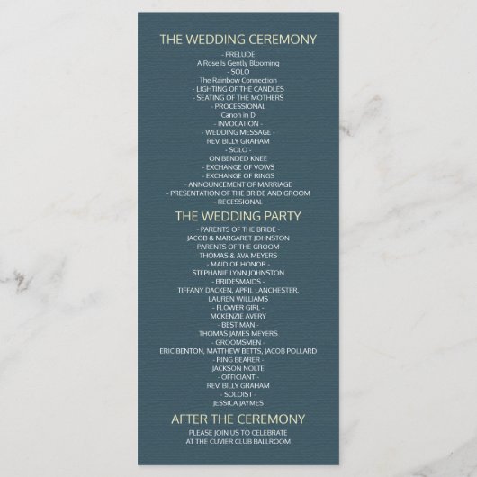 Hochzeitsprogramm Blaue goldene Foil-Zirkus-Pinsel Programm (Rückseite)