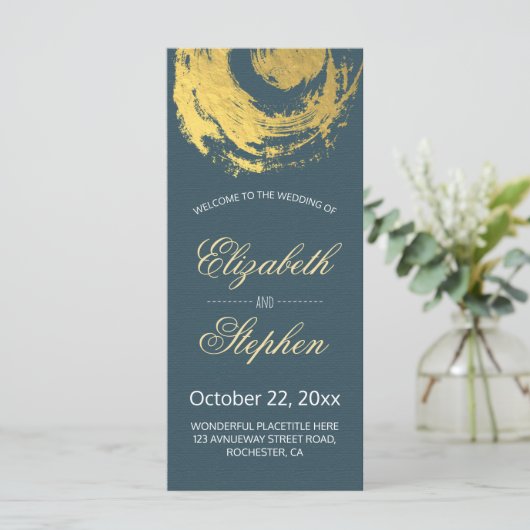 Hochzeitsprogramm Blaue goldene Foil-Zirkus-Pinsel Programm (Stehend Vorderseite)