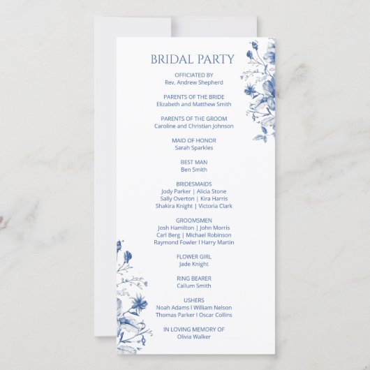 Hochzeitsprogramm Blaue Vintage Blume (Rückseite)