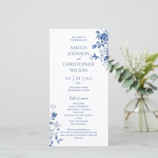 Hochzeitsprogramm Blaue Vintage-Blumen (Stehend Vorderseite)