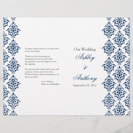 Hochzeitsprogramm "Blauer weißer Damast" (Vorderseite)