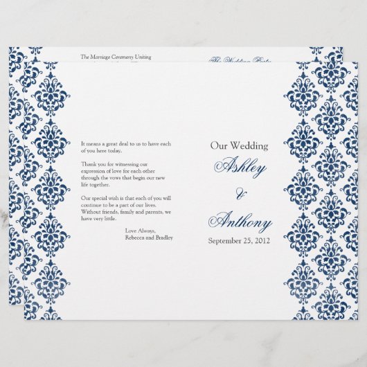 Hochzeitsprogramm "Blauer weißer Damast" (Vorne/Hinten)