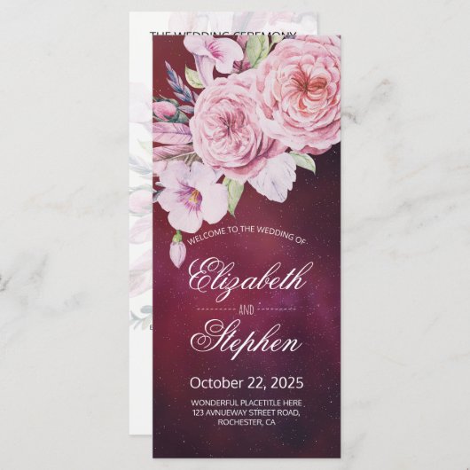 Hochzeitsprogramm Boho Floral Feathers Burgundy Re Programm (Vorne/Hinten)