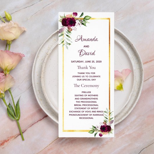 Hochzeitsprogramm Bordeaux-Blüten Weißgold Boho Werbekarte